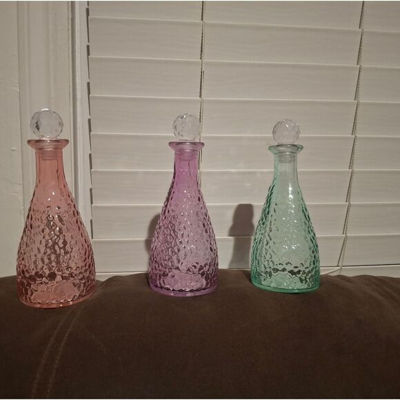 Trio of Pebbled Glass Decorative Bottles w/ Crystal Stoppers - Picture 2 of 6